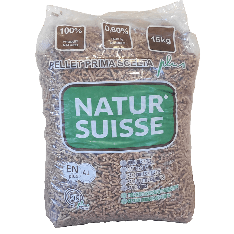 Pellet Natur'Suisse EN+A1 DIN+ 100% naaldhout - pallet van 70 zakken van 15Kg - levering inbegrepen